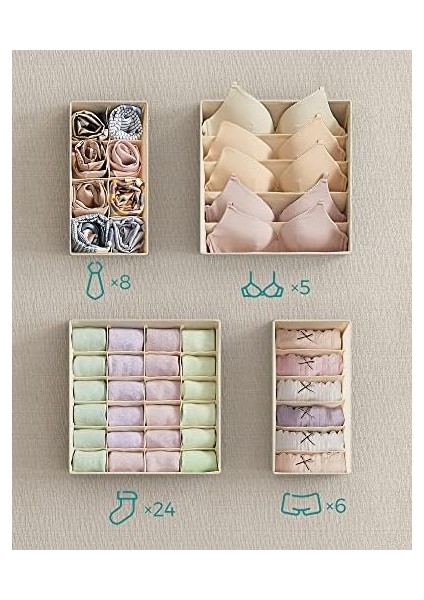 Iç Giyim Saklama Kutuları, Çekmece Organizatörü, Dolap Organizeri, Katlanabilir, Sütyen, Iç Çamaşırı, Çorap, Kravat Için Katlanır Kutu, Kumaş Kutu 4&apos;lü Set Bej RUS04M modelleri