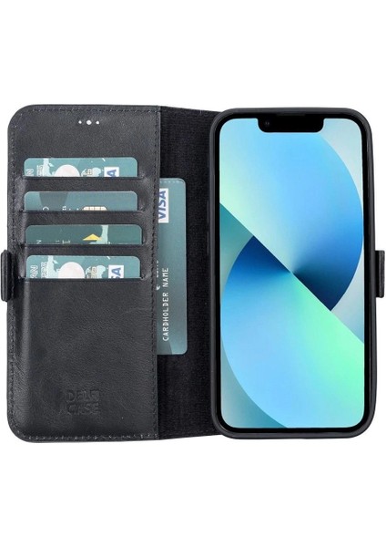 Buğz Apple iPhone 13 Uyumlu Deri Cüzdanlı Kılıf Rustik Siyah