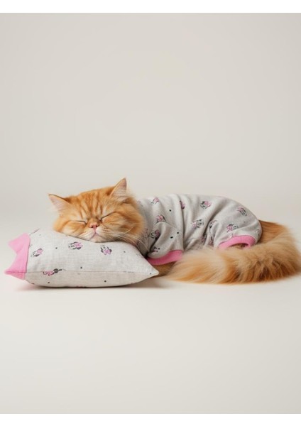 Pembe Minnie Kedi Uyku Seti | Penye Kedi Tulum ve Mini Yastık Takımı | Pamuklu | Tüy Dökülmesini Azaltır |