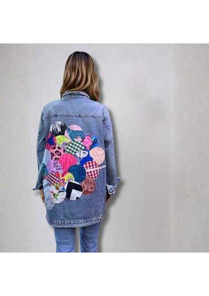 Patchwork Detaylı Uzun Denim Ceket, Kadın Kot Ceket, Mavi Kot Ceket