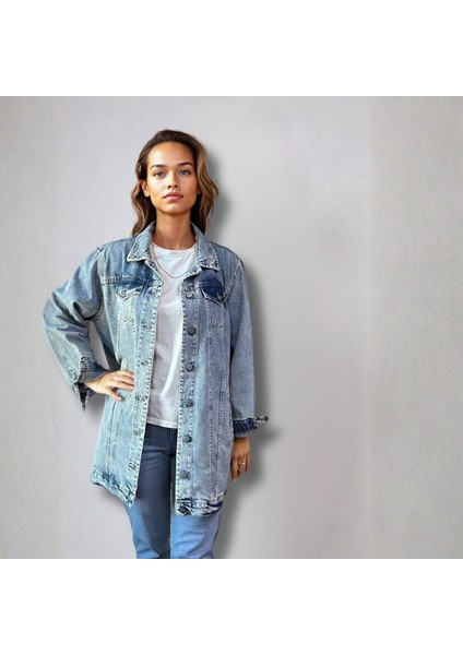 Patchwork Detaylı Uzun Denim Ceket, Kadın Kot Ceket, Mavi Kot Ceket fiyatları