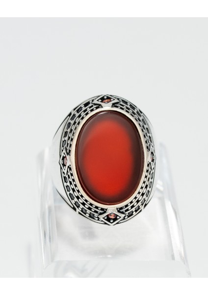 Karizmatik Tasarım Koyu Kırmızı Taşlı Özel Işlemeli Erkek Yüzük fiyatları