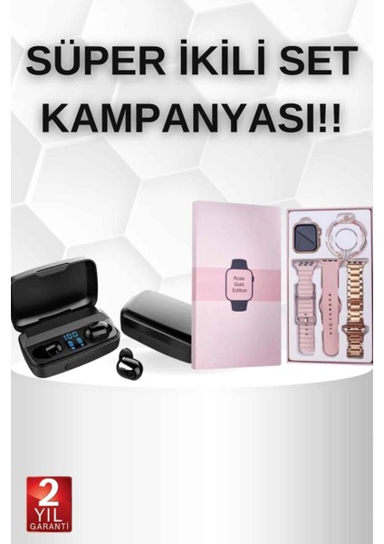 Buğz Wireless Şarjlı Pembe Akıllı Saat ve Kablosuz Bluetooth Kulaklık Dokunmatik Kontrol