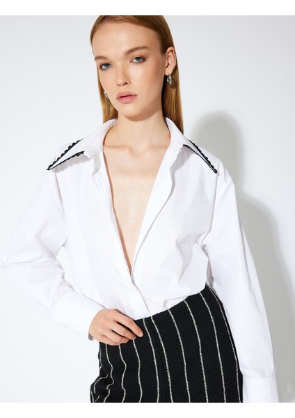 Dantel Detaylı Sivri Yaka Gömlek Uzun Kollu Pamuklu