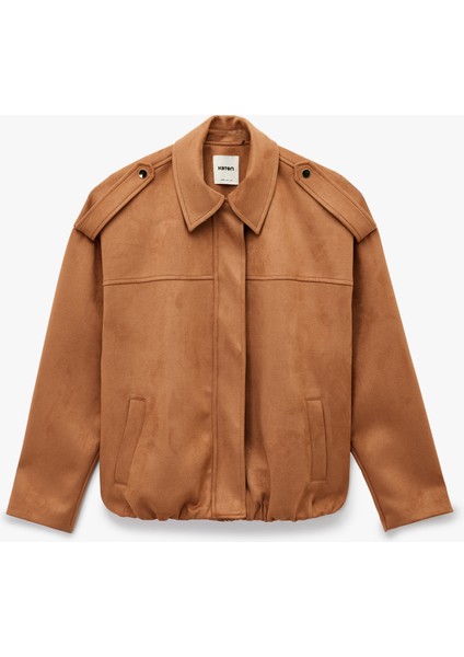 Uzun Kollu Cepli Oversize Suni Süet Bomber Ceket