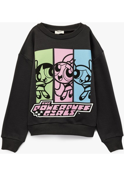 Şardonlu Uzun Kollu Bisiklet Yaka Lisanslı Powerpuff Girls Oversize Sweatshirt