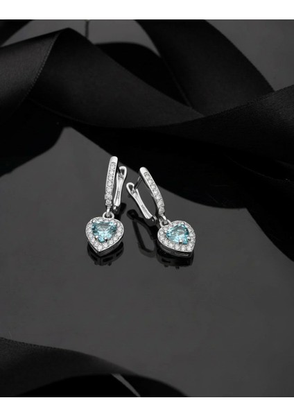 925 Ayar Akuamarin Taşlı Rodyum Pırlanta Işıltılı Sallantılı Kalp Gümüş Küpe