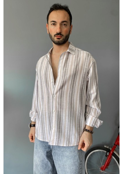 Uzun Kollu Keten Görünümlü Çizgili Gömlek