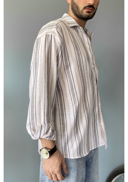 Uzun Kollu Keten Görünümlü Çizgili Gömlek fiyatları