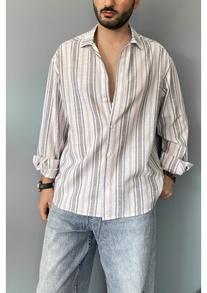 Uzun Kollu Keten Görünümlü Çizgili Gömlek fırsatları