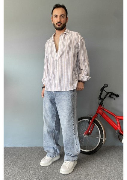 Uzun Kollu Keten Görünümlü Çizgili Gömlek indirimleri