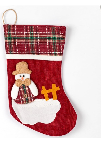 Yılbaşı Süsü Ekose Desenli Çorap Kardan Adam Figürlü Koyu Kırmızı 21X34 Cm.