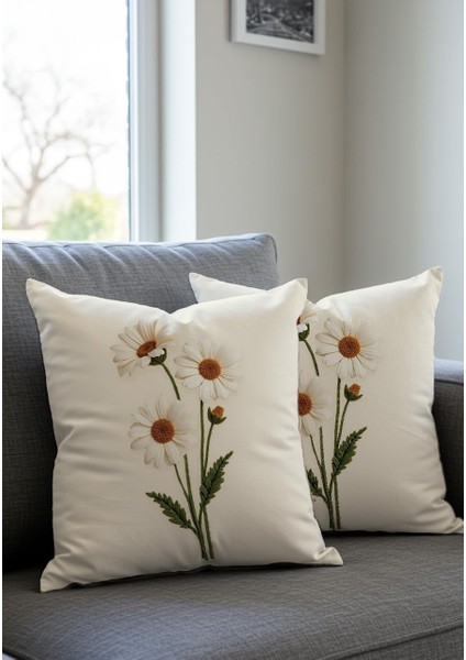 Nakış Desen Baskılı Dekoratif Desenli Kadife Kırlent Kılıfı, 2&apos;li Set, Krem Zemin, Baskılı