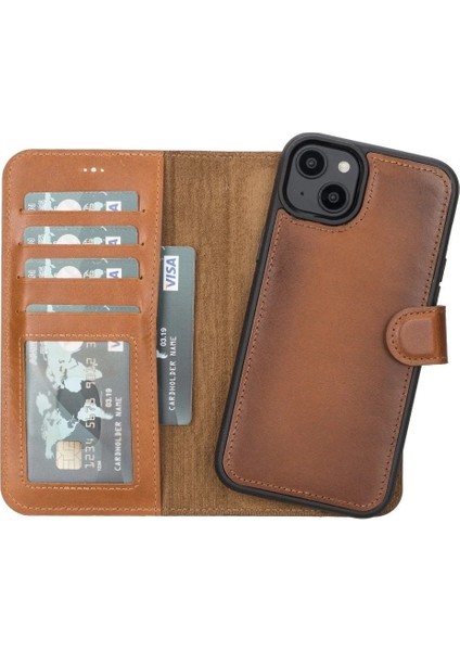 Buğz Apple iPhone 14 Plus Uyumlu Deri Cüzdanlı Kılıf Mwwn RST2EF Taba