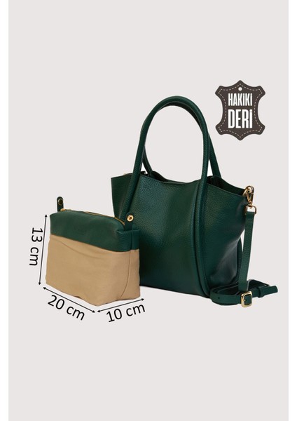 Hakiki Deri Kadın Organizerlı El Çantası Yeşil SMR9206-2