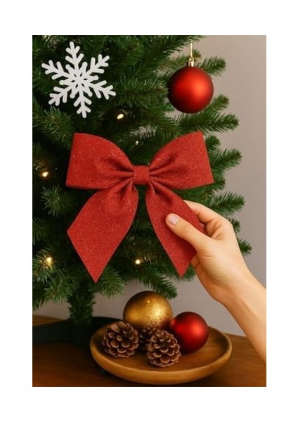 Yılbaşı Ağacı 2&apos;li Fiyonk Kırmızı Simli Eva Kapı ve Cam Süsleme modelleri