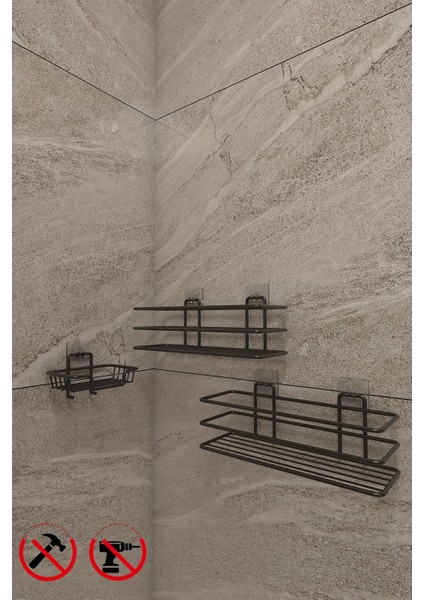 Yapışkanlı Kancalı Paslanmaz Siyah 2 Adet Düzenleyıcı Rafı Katı Sabunluk ve Bulaşık Süngerlik Seti