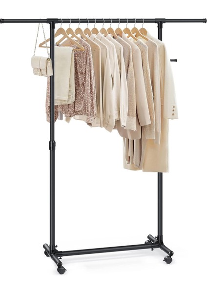 Tekerlekli Askısı, 97 ve 165 cm Arasında Yüksekliği Ayarlanabilir, Uzatılabilir Askısı, Aksesuarlar Için Yan Kancalar, Siyah LLR001B01