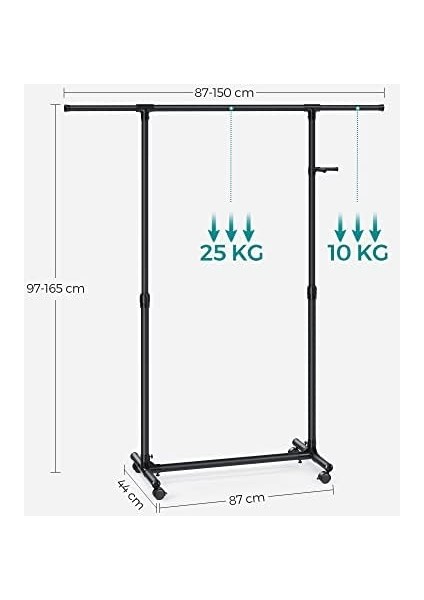 Tekerlekli Askısı, 97 ve 165 cm Arasında Yüksekliği Ayarlanabilir, Uzatılabilir Askısı, Aksesuarlar Için Yan Kancalar, Siyah LLR001B01 modelleri