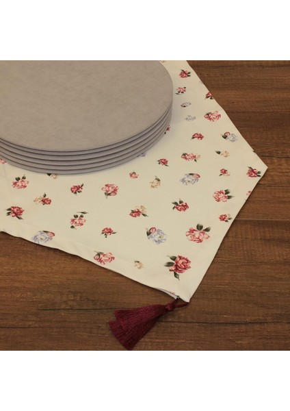 Gül Desenli Beyaz Zemin Arka Plan Baskılı Runner Servis 40X150 cm