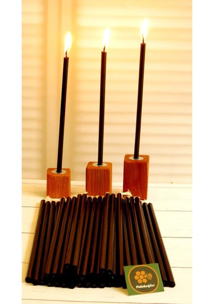 (50 Adet) Mum ve (3 Adet) Özel Dizayn Ahşap Mumluk Dilek Mumu Petek Mum Tören Parti Doğum Günü Beeswax Candle (Siyah)