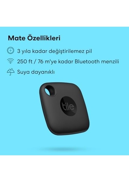 Mate Smart Tag, Siyah, Takip Cihazı - Anahtarlar, Çantalar, Evcil Hayvanlar Için Eşya Bulucu, 76 Metre Mesafeye Kadar, Suya Dayanıklı, Ios ve Uyumlu modelleri