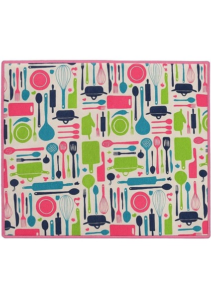 Desen Bulaşık Kurutma Altlığı, 35X45 Cm, Pembe ve Yeşil Çerçeveli, Mutfak Gereçleri Desenli
