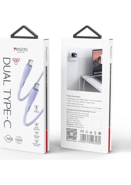 1.2m 60W Type-C To Type-C Pd Hızlı Şarj Kablosu - Mor fiyatları