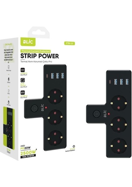 Akım Korumalı 3&apos;lü Priz, 3x Usb,1x Type-C Giriş, Siyah Renk (Kablosuz)