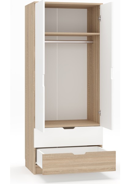 Lento 2 Kapaklı 1 Askılı 2 Çekmeceli Gardırop Beyaz Meşe