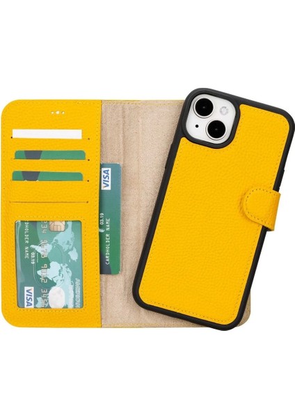 Buğz Apple iPhone 15 Plus Uyumlu Deri Cüzdanlı Kılıf Mwwn FL12 Sarı
