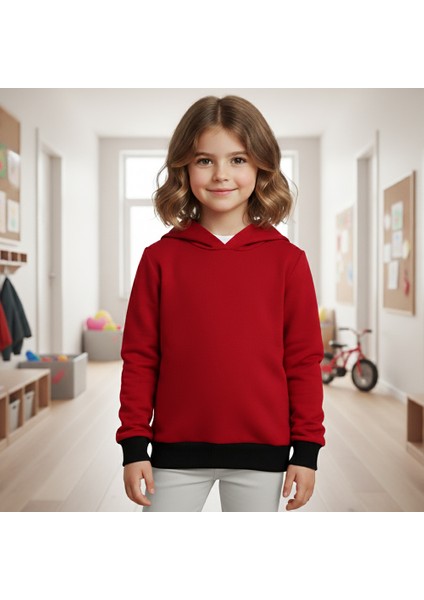 Çocuk Sweatshirt Kapüşonlu / Kırmızı Siyah / Düz
