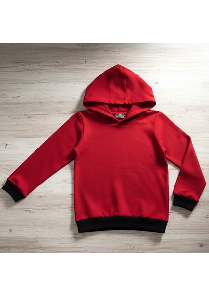 Çocuk Sweatshirt Kapüşonlu / Kırmızı Siyah / Düz