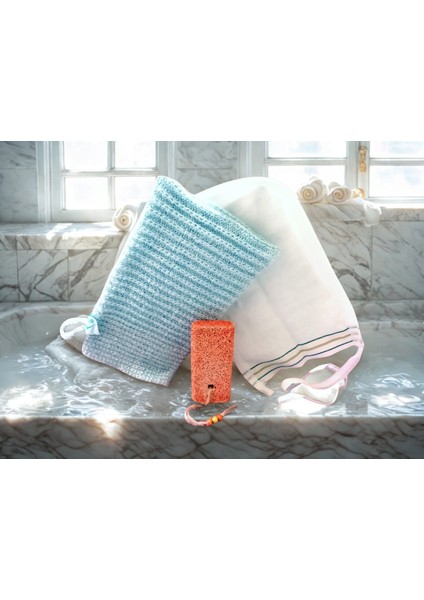 Cilt Bakımına Özel 3’lü Banyo, Hamam, Çeyiz Seti – Ponza, Kese, Lif