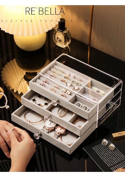 Buğz 3 Çekmeceli Bölmeli Şeffaf Takı Kutusu | Mücevher Saklama Kutusu | Gri Renk Seçeneği 13X23X10