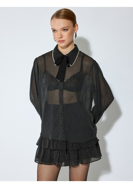 Bağlama ve Inci Detaylı Uzun Kollu Puantiyeli Yarı Transparan Gömlek modelleri