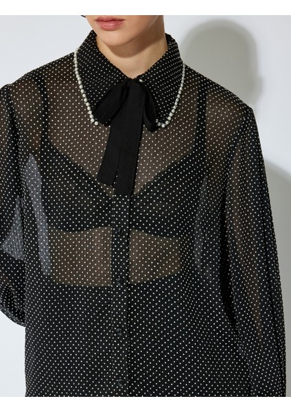 Bağlama ve Inci Detaylı Uzun Kollu Puantiyeli Yarı Transparan Gömlek indirimleri