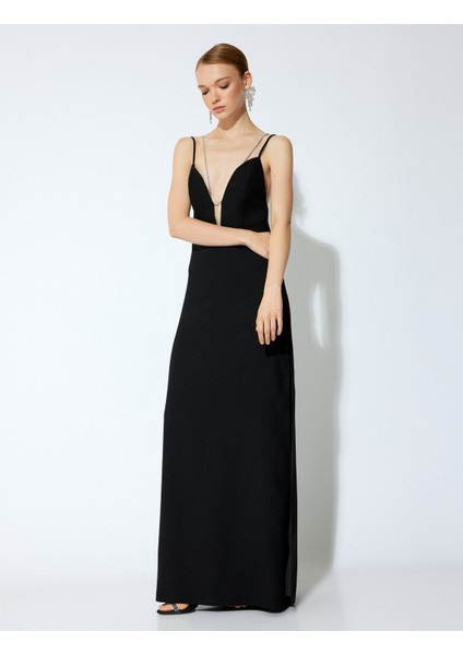 V Yaka Taşlı Ip Askılı Sırtı Bağcıklı Yırtmaçlı Uzun Abiye Elbise fiyatları