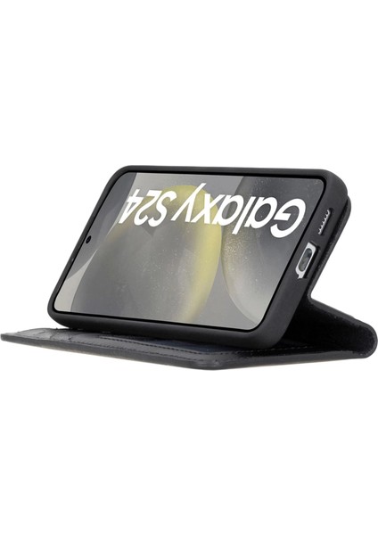 Buğz Samsung Galaxy S24 Uyumlu, Deri Cüzdanlı Kılıf, Parlak Siyah modelleri