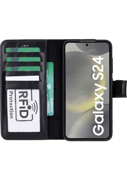 Buğz Samsung Galaxy S24 Uyumlu, Deri Cüzdanlı Kılıf, Parlak Siyah fırsatları