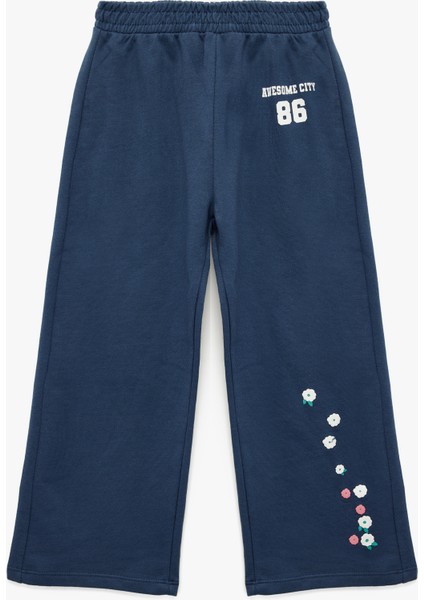 Şardonlu Çiçek Baskılı Pamuklu Geniş Paça Eşofman Altı