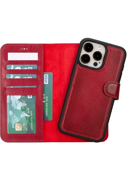 Buğz Apple iPhone 15 Pro Max Uyumlu Deri Cüzdanlı Kılıf Mwwn V4EF Kırmızı