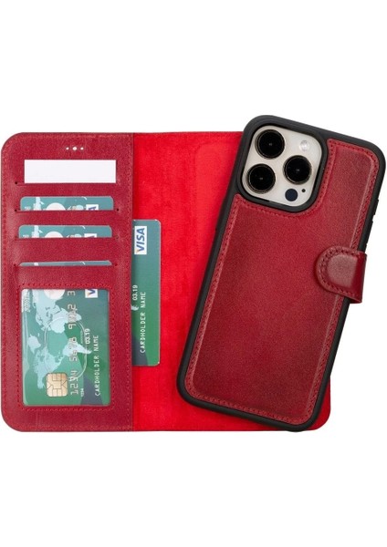 Buğz Apple iPhone 15 Pro Max Uyumlu Deri Cüzdanlı Kılıf Mwwn V4EF Kırmızı indirimleri