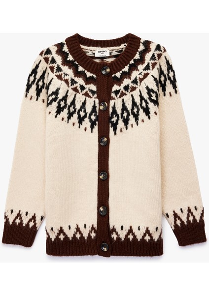 Uzun Kollu Dik Yaka Desenli Triko Hırka