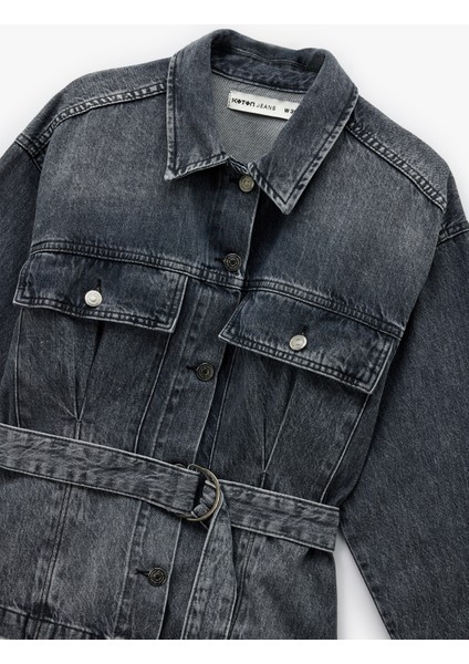 Klasik Yaka Kemer Detaylı Düğmeli Cepli Yıkamalı Denim Ceket modelleri