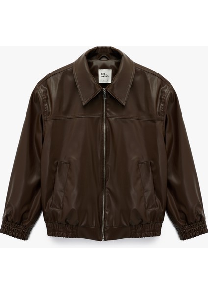 Klasik Yaka Cepli Fermuarlı Suni Deri Oversize Bomber Ceket