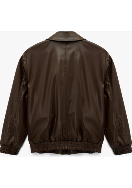 Klasik Yaka Cepli Fermuarlı Suni Deri Oversize Bomber Ceket fiyatları