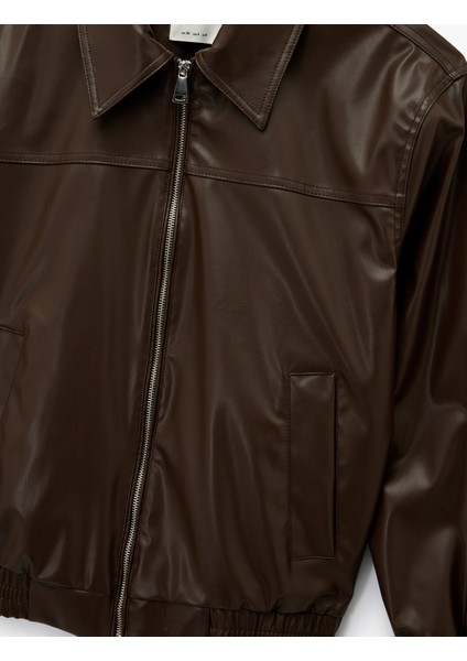 Klasik Yaka Cepli Fermuarlı Suni Deri Oversize Bomber Ceket modelleri