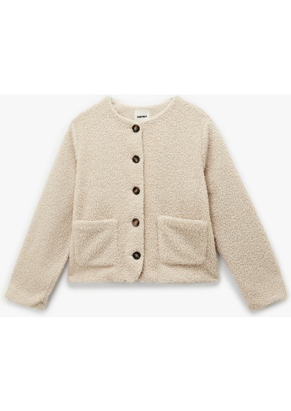 Düğmeli Cep Detaylı Uzun Kollu Bisiklet Yaka Peluş Bomber Ceket