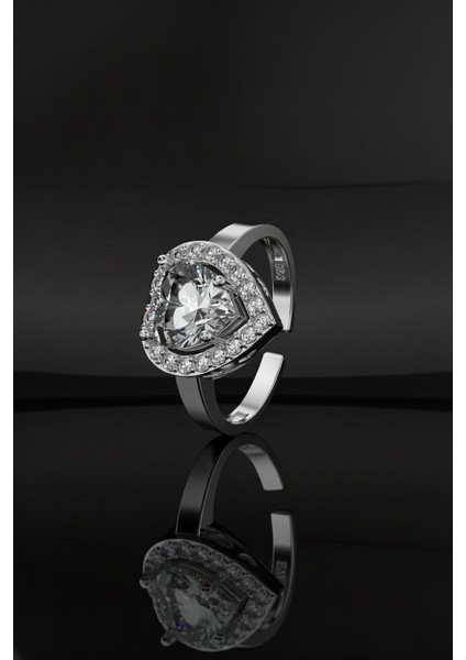 925 Ayar Zirkon Taşlı Rodyum Pırlanta Işıltılı Kalp Ayarlanabilir Gümüş Yüzük